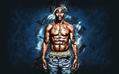 2Pac, Tupac Shakur, Lesane Parish Crooks, Makaveli, rapper americano, retrato, fundo de pedra azul