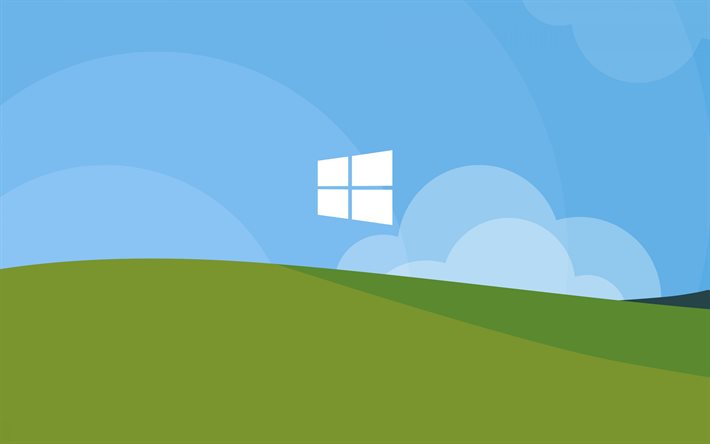 Logo Windows, paysage de dessin anim&#233;, Windows, fond de printemps, embl&#232;me Windows, logo blanc Windows