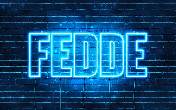 Fedde, 4k, fonds d&#39;&#233;cran avec des noms, nom Fedde, n&#233;ons bleus, joyeux anniversaire Fedde, noms masculins n&#233;erlandais populaires, photo avec le nom Fedde