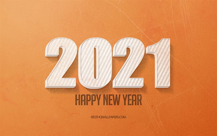 2021 neujahr, 2021 orange hintergrund, 2021 konzepte, 2021 wei&#223;e 3d-buchstaben, 2021 retro-hintergrund