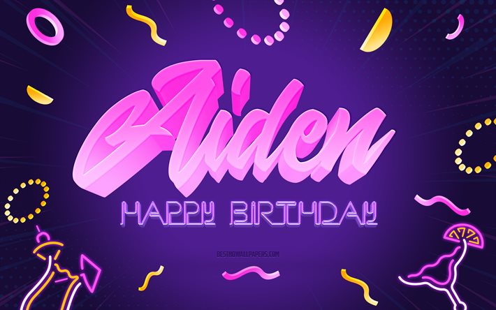 Happy Birthday Aiden, 4k, Purple Party Background, Aiden, creative art, Happy Aiden birthday, Sofia name, Aiden Birthday, Birthday Party Background