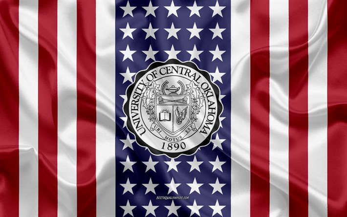 emblem der universit&#228;t von zentral-oklahoma, amerikanische flagge, logo der universit&#228;t von zentral-oklahoma, edmond, oklahoma, usa, universit&#228;t von zentral-oklahoma