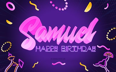 Happy Birthday Samuel, 4k, Purple Party Background, Samuel, creative art, Happy Samuel birthday, Samuel name, Samuel Birthday, Birthday Party Background