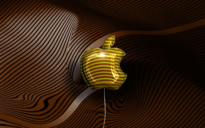Apple 3D logosu, 4K, altın ger&#231;ek&#231;i balonlar, Apple logosu, kahverengi dalgalı arka planlar, Apple