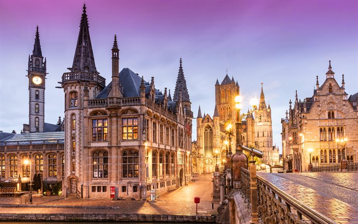 4k, Ghent, morning, summer, cathedral, cityscapes, belgian cities, Europe, Belgium