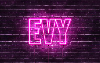 Evy, 4k, 名前の壁紙, 女性の名前, Evyの名前, 紫色のネオン, 誕生日おめでとう, 人気のあるオランダの女性の名前, Evyの名前の写真