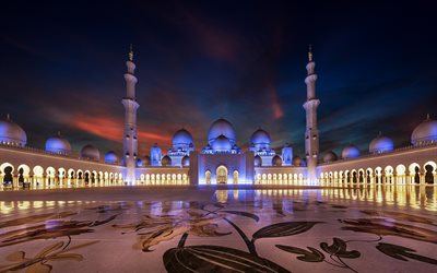 Sheikh Zayed Mosque, Abu Dhabi, Sheikh Zayed Grand Mosque, evening, square, landmark, UAE, Islam, United Arab Emirates