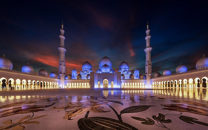 sheikh zayed moschee, abu dhabi, sheikh zayed gro&#223;e moschee, abend, platz, wahrzeichen, vereinigte arabische emirate, islam