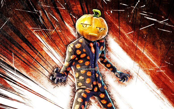 4k, Jack Gourdon Skin, grunge art, 2020 games, Fortnite Battle Royale, orange abstract rays, Fortnite characters, Jack Gourdon, Fortnite, Jack Gourdon Fortnite