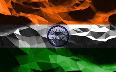 4k, bandiera indiana, arte low poly, paesi asiatici, simboli nazionali, bandiera dell&#39;India, arte 3D, India, Asia, bandiera dell&#39;India 3D