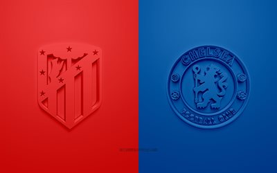 Atletico Madrid vs Chelsea FC, UEFA Champions League, Eighth-finals, 3D logos, red blue background, Champions League, football match, Chelsea FC, Atletico Madrid