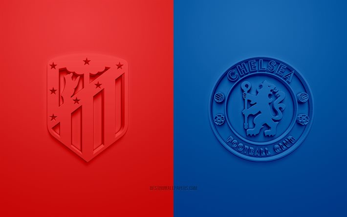 Atletico Madrid vs Chelsea FC, UEFA Champions League, Eighth-finals, 3D logos, red blue background, Champions League, football match, Chelsea FC, Atletico Madrid