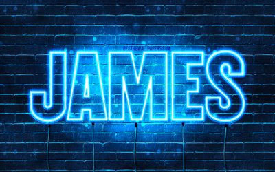 James, 4k, bakgrundsbilder med namn, James-namn, bl&#229; neonljus, Grattis p&#229; f&#246;delsedagen James, popul&#228;ra holl&#228;ndska manliga namn, bild med James-namn