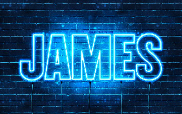 James, 4k, wallpapers with names, James name, blue neon lights, Happy Birthday James, popular dutch male names, picture with James name
