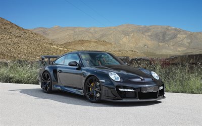Porsche 911 Turbo S GT, TechArt, black sports coupe, tuning 911 Turbo, black 911 Turbo S, german sports cars, Porsche