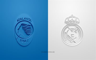 Atalanta vs Real Madrid, UEFA Champions League, Ottavo di finale, loghi 3D, sfondo bianco blu, Champions League, partita di calcio, Real Madrid, Atalanta