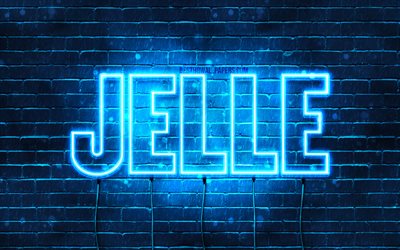 Jelle, 4k, fonds d&#39;&#233;cran avec des noms, nom de Jelle, n&#233;ons bleus, joyeux anniversaire Jelle, noms masculins n&#233;erlandais populaires, photo avec le nom de Jelle
