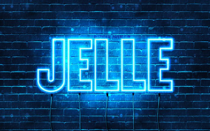 Jelle, 4k, fonds d&#39;&#233;cran avec des noms, nom de Jelle, n&#233;ons bleus, joyeux anniversaire Jelle, noms masculins n&#233;erlandais populaires, photo avec le nom de Jelle