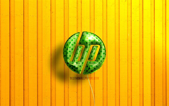 Logo HP 3D, 4K, palloncini realistici verdi, sfondi di legno gialli, Hewlett-Packard, logo HP, HP, logo Hewlett-Packard