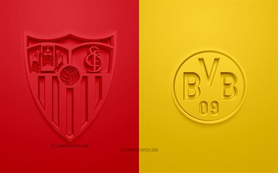 Sevilla FC vs Borussia Dortmund, UEFA Champions League, Eighth-finals, 3D logos, red yellow background, Champions League, football match, Sevilla FC, Borussia Dortmund