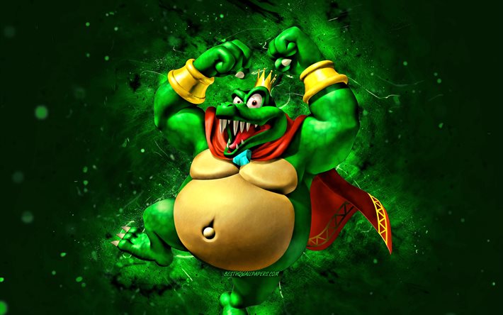 King K Rool, 4k, mostro dei cartoni animati, luci al neon verdi, Super Mario, creativo, personaggi di Super Mario, Super Mario Bros, King K Rool Super Mario