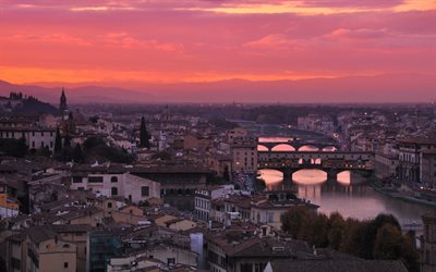 Ponte Vecchio, Firenze, ilta, auringonlasku, vanha silta, segmenttikaarisilta, Arno-joki, Firenzen kaupunkikuva, Firenzen panoraama, Italia