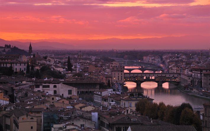 Ponte Vecchio, Florence, soir&#233;e, coucher de soleil, vieux pont, pont en arc segmentaire, Arno, paysage urbain de Florence, panorama de Florence, Italie