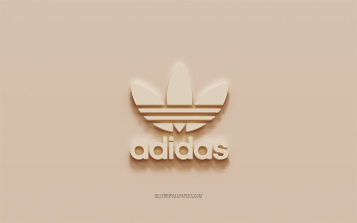 Logo Adidas, sfondo marrone in gesso, logo Adidas 3D, emblemi Adidas, arte 3D, Adidas