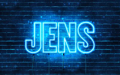 Jens, 4k, fonds d&#39;&#233;cran avec des noms, nom de Jens, n&#233;ons bleus, joyeux anniversaire Jens, noms masculins n&#233;erlandais populaires, photo avec le nom de Jens