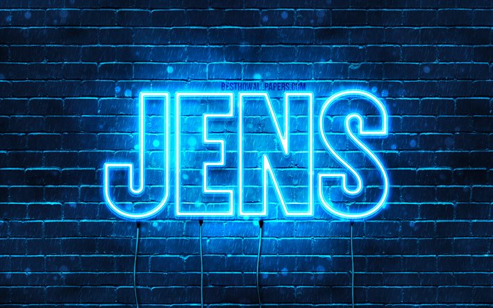 Jens, 4k, bakgrundsbilder med namn, Jens namn, bl&#229; neonljus, Grattis p&#229; f&#246;delsedagen Jens, popul&#228;ra holl&#228;ndska manliga namn, bild med Jens namn