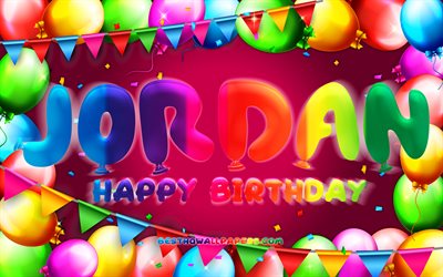 Buon compleanno Giordania, 4k, cornice palloncino colorato, nome Jordan, sfondo viola, buon compleanno Jordan, compleanno Jordan, nomi femminili americani popolari, concetto di compleanno, Jordan