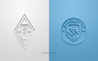 Borussia Monchengladbach vs Manchester City FC, UEFA Champions League, Eighth-finals, 3D logos, blue white background, Champions League, football match, Borussia Monchengladbach, Manchester City FC