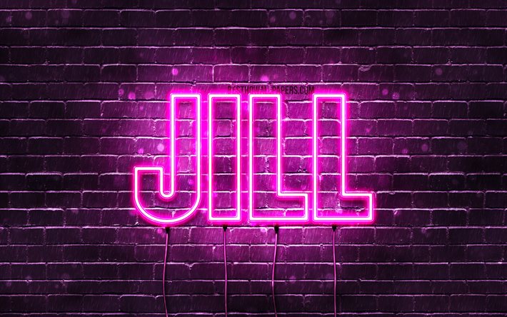 Jill, 4k, fonds d&#39;&#233;cran avec des noms, des pr&#233;noms f&#233;minins, le nom de Jill, des n&#233;ons violets, joyeux anniversaire Jill, des pr&#233;noms f&#233;minins n&#233;erlandais populaires, une photo avec le nom de Jill