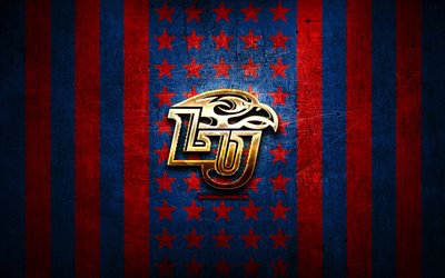 Liberty Flames lippu, NCAA, punainen sininen metalli tausta, amerikkalainen jalkapallo joukkue, Liberty Flames-logo, USA, amerikkalainen jalkapallo, kultainen logo, Liberty Flames