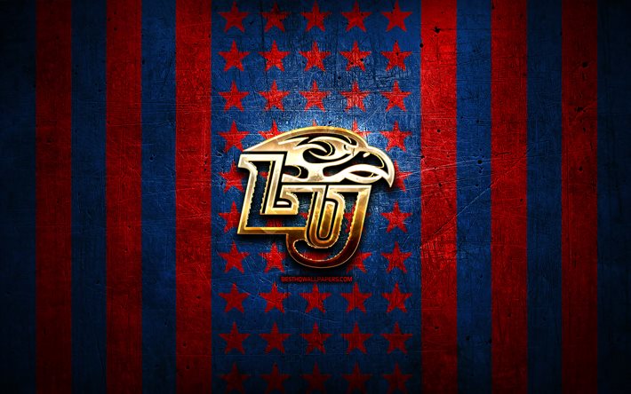 Liberty L&#229;gor flagga, NCAA, r&#246;d bl&#229; metall bakgrund, amerikansk fotboll, Liberty Flames logotyp, USA, golden logotyp, Liberty L&#229;gor