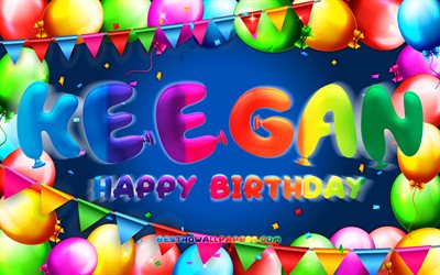 Buon compleanno Keegan, 4k, cornice palloncino colorato, nome Keegan, sfondo blu, buon compleanno Keegan, compleanno Keegan, nomi maschili americani popolari, concetto di compleanno, Keegan