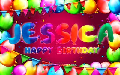 Joyeux anniversaire Jessica, 4k, cadre ballon color&#233;, nom de Jessica, fond violet, Jessica joyeux anniversaire, anniversaire de Jessica, noms f&#233;minins am&#233;ricains populaires, concept d&#39;anniversaire, Jessica