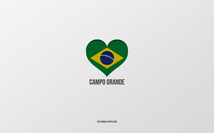 Eu amo Campo Grande, cidades brasileiras, fundo cinza, Campo Grande, Brasil, cora&#231;&#227;o da bandeira brasileira, cidades favoritas, amo Campo Grande