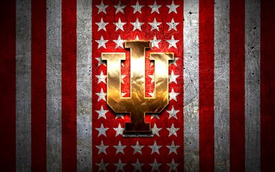 Bandeira dos Indiana Hoosiers, NCAA, fundo de metal branco vermelho, time de futebol americano, logotipo do Indiana Hoosiers, EUA, futebol americano, logotipo dourado, Indiana Hoosiers
