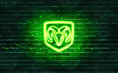 Logotipo verde Dodge, 4k, parede de tijolos verdes, logotipo Dodge, marcas de carros, logotipo Dodge neon, Dodge