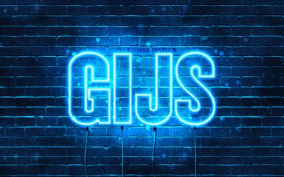 Gijs, 4k, wallpapers with names, Gijs name, blue neon lights, Happy Birthday Gijs, popular dutch male names, picture with Gijs name