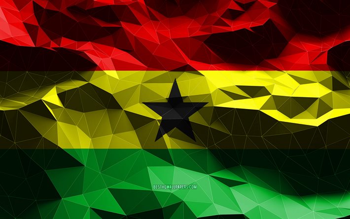 4k, Ghanan lippu, matala poly-taide, Afrikan maat, kansalliset symbolit, 3D-liput, Ghana, Afrikka, Gabonin 3D-lippu