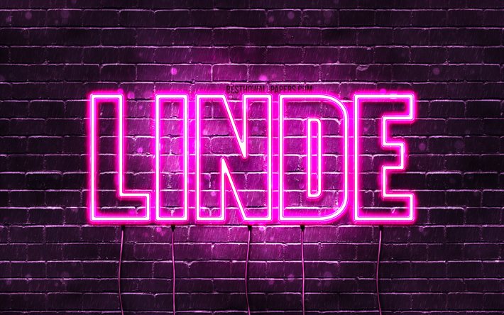 Linde, 4k, fonds d&#39;&#233;cran avec noms, noms f&#233;minins, nom Linde, n&#233;ons violets, joyeux anniversaire Linde, noms f&#233;minins n&#233;erlandais populaires, photo avec le nom Linde