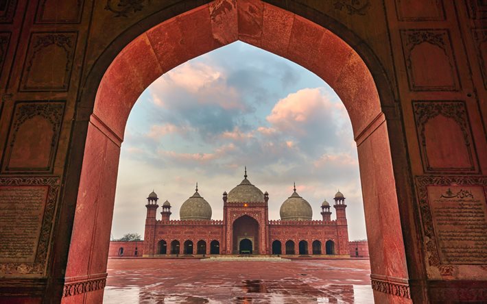 Moschea Badshahi, Moschea Imperiale, Lahore, vista interna, punto di riferimento, moschee, Pakistan