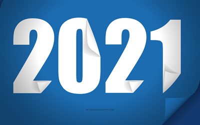2021 neujahr, 2021 papierkunst, blauer 2021 hintergrund, 2021 konzepte, wei&#223;e papierbuchstaben