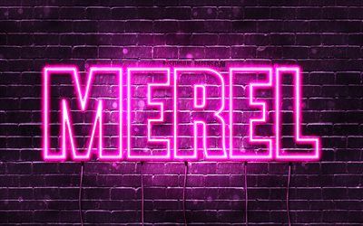 Merel, 4k, pap&#233;is de parede com nomes, nomes femininos, nome Merel, luzes de n&#233;on roxas, Feliz Anivers&#225;rio Merel, nomes femininos holandeses populares, imagem com o nome Merel