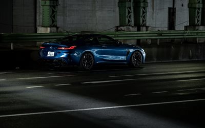 2020, BMW M8 Competition Coupe, F92, rear view, blue sports coupe, exterior, new blue M8, german cars, BMW