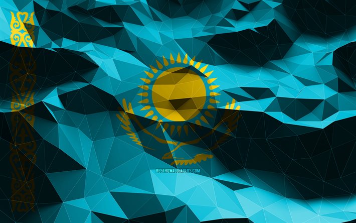 4k, Kazakh flag, low poly art, Asian countries, national symbols, Flag of Kazakhstan, 3D art, Kazakhstan, Asia, Kazakhstan 3D flag, Kazakhstan flag