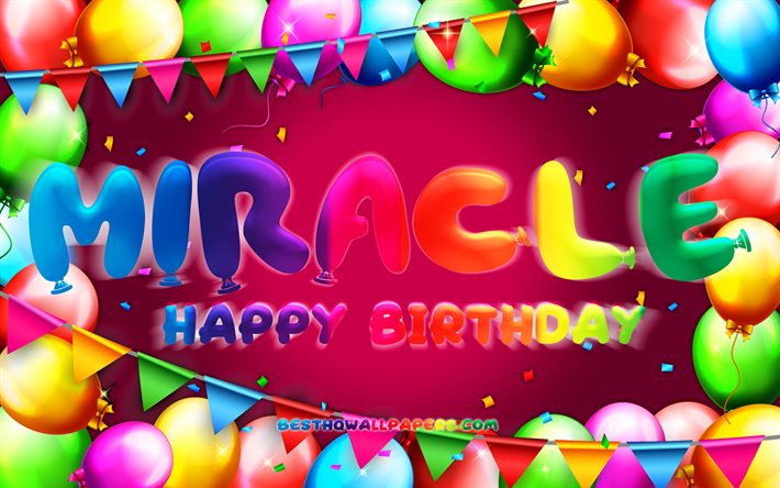 Buon Compleanno Miracolo, 4k, palloncino colorato telaio, Miracolo nome, sfondo viola, Miracolo di buon Compleanno, Miracolo di Compleanno, popolare americana nomi di donna, Compleanno, concetto, Miracolo