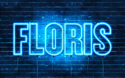 Floris, 4k, wallpapers with names, Joep name, blue neon lights, Happy Birthday Floris, popular dutch male names, picture with Floris name